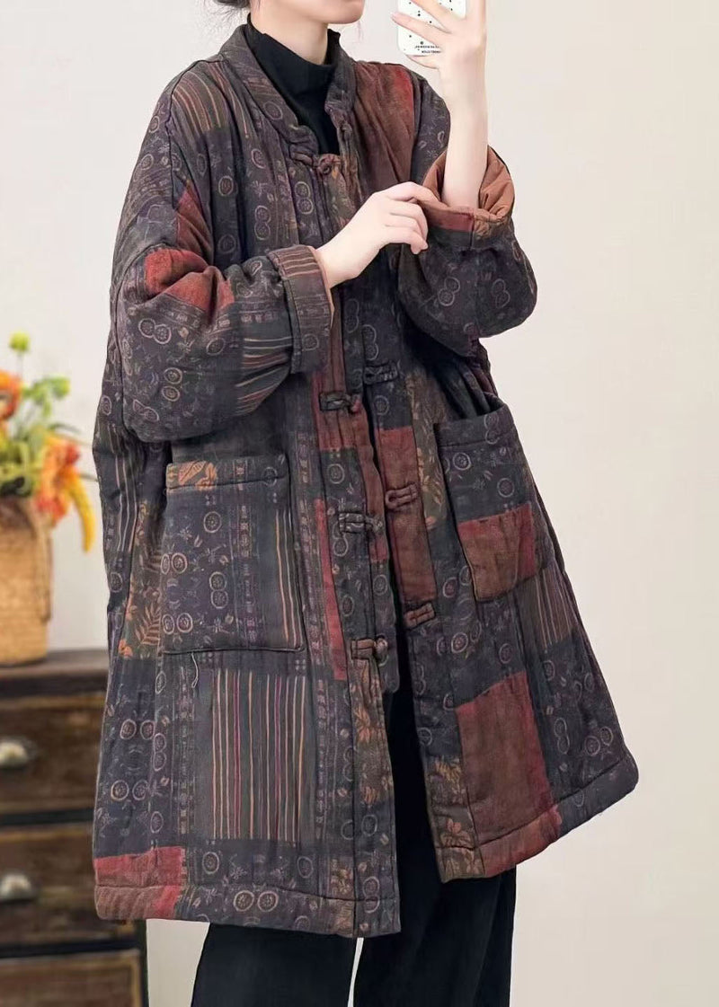 Black Pockets Print Oriental Button Fine Cotton Filled Coat Winter