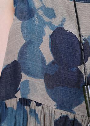 Spaghetti Strap Cinched Cotton Dresses Runway Blue Print a Line Dress