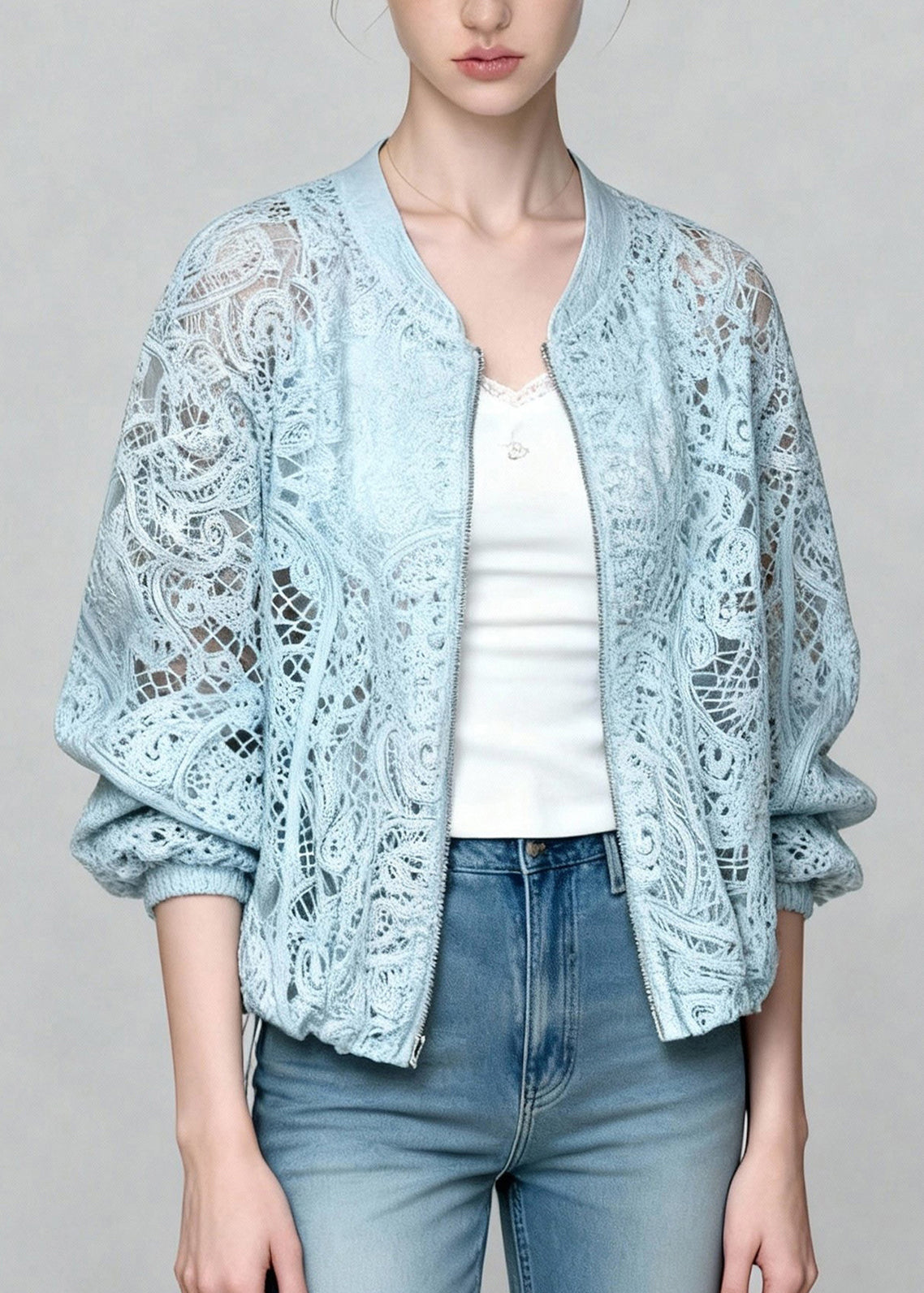 Blue Zip Up Hollow Out Lace Coats Summer