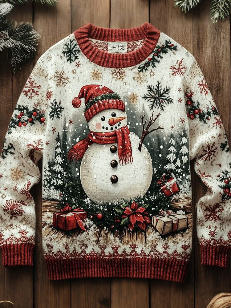Women's Christmas Snowman Print Art Casual Knitted Sweater artswardrobe