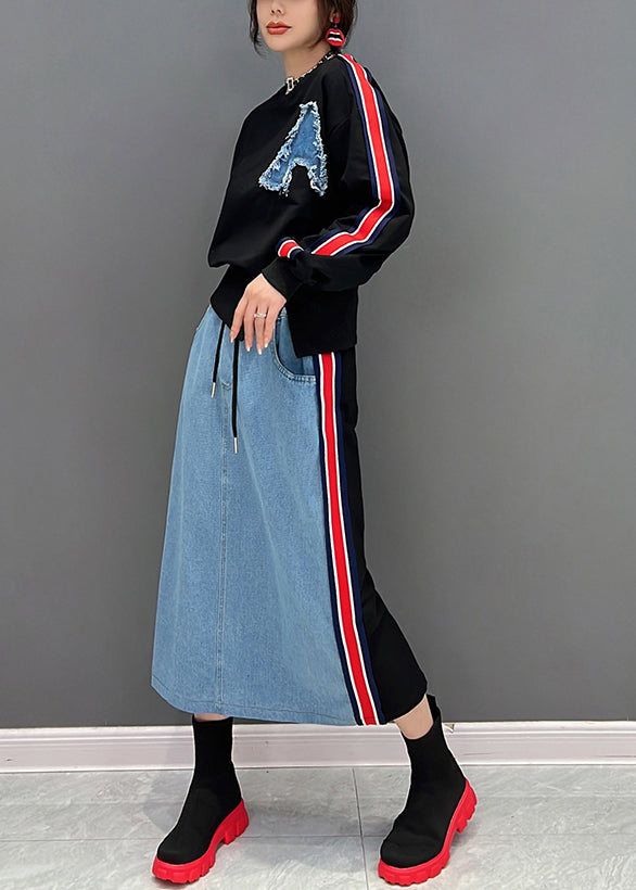 Black O-neck Striped Pullover and Skirts Two Piece Suit Set Fall