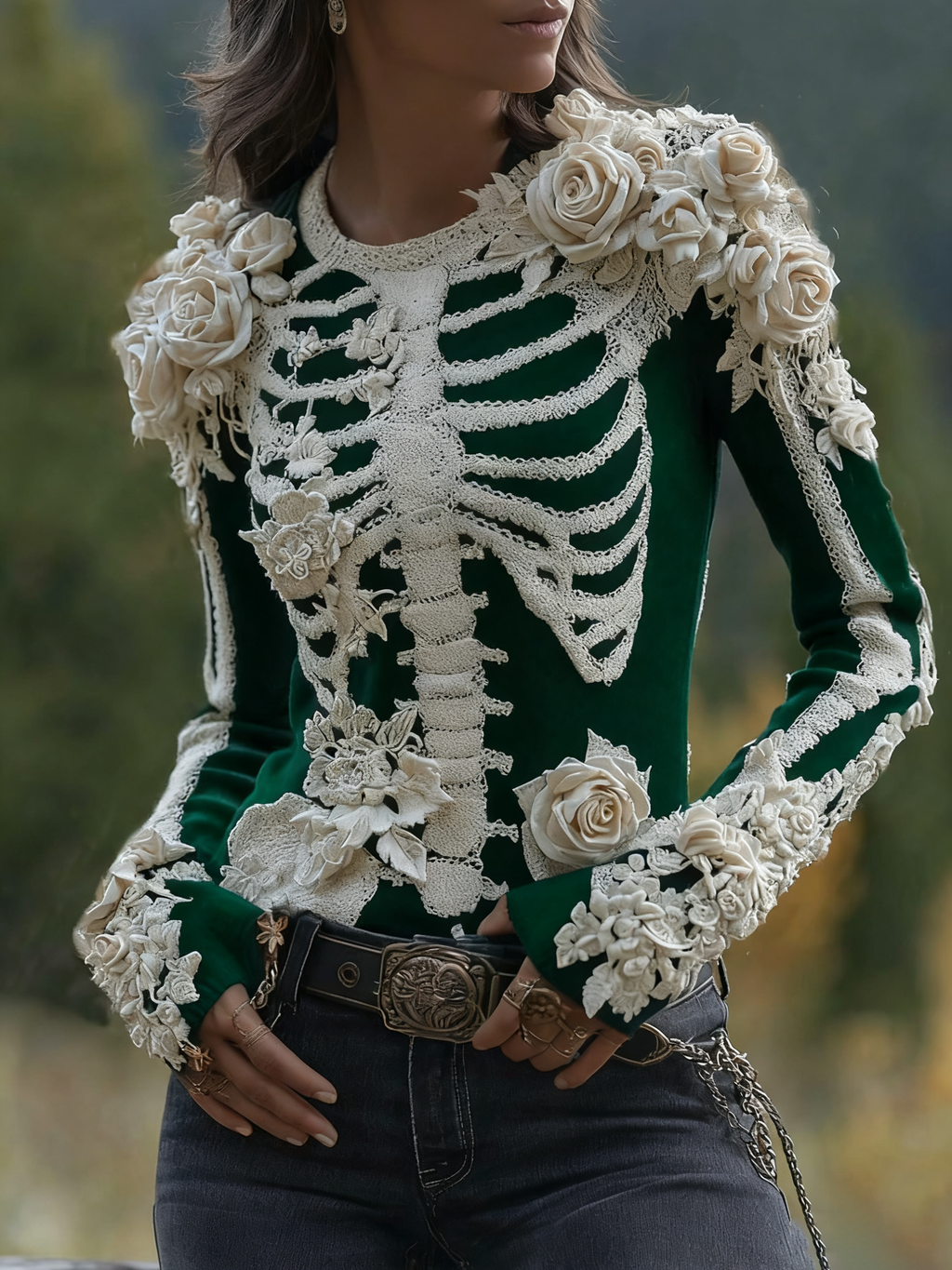 Women's Halloween Skeleton Bones With Roses Art Knitted Warm Sweater artswardrobe