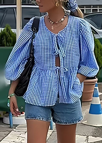 Blue Puff Sleeve Plaid Lace Up Cotton Shirts Summer