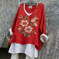 Women's Vintage Hibiscus Embroidered Linen Shirt elevenforest