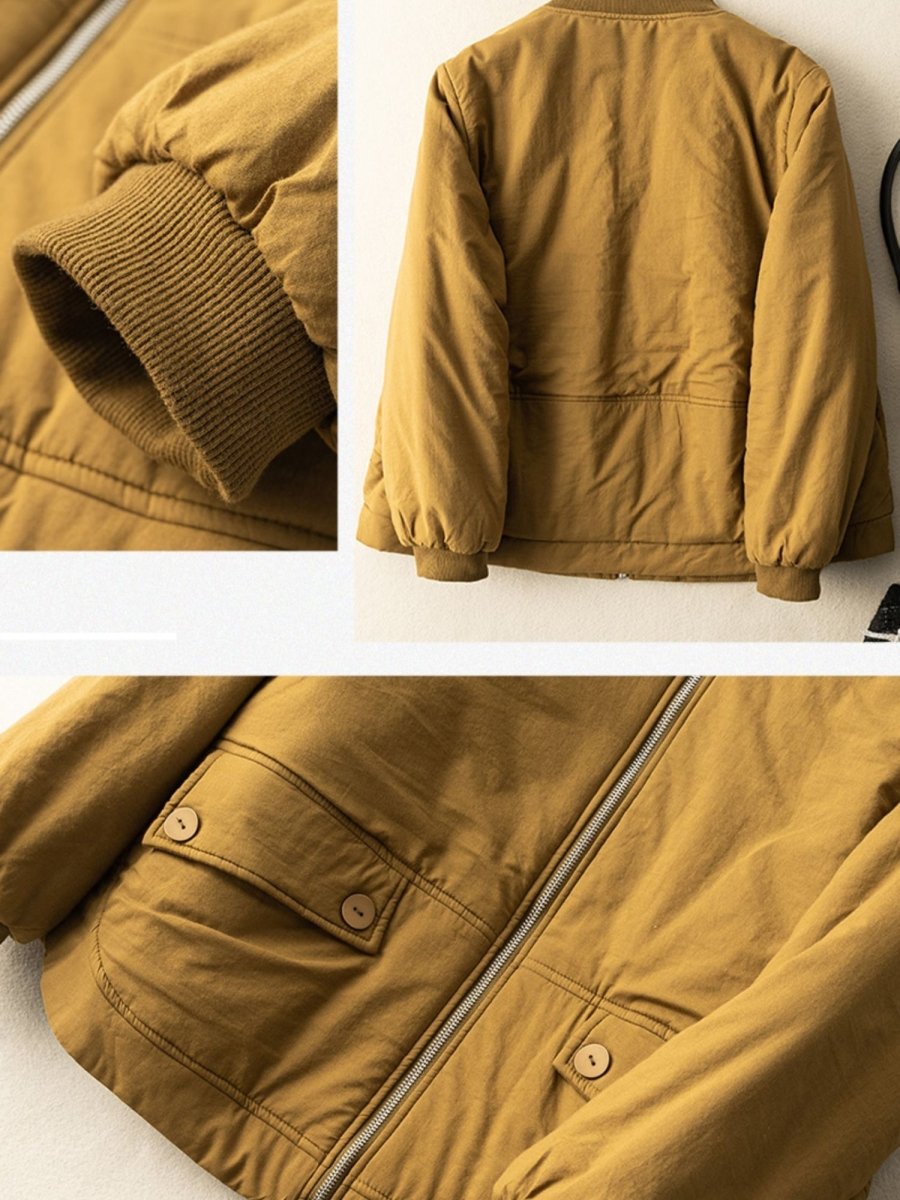 100% Natural Fabric Zipper Round Neck Long Sleeve Coat