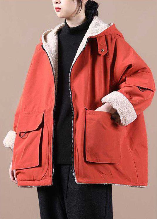 Orange Hooded Zippered Pockets Loose Winter Parkas Coat