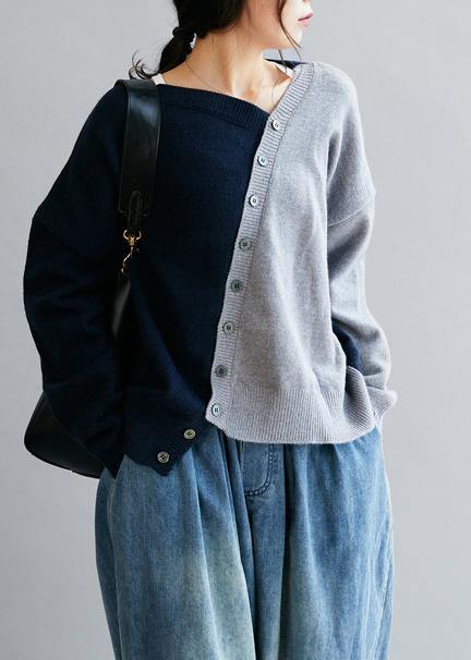 Blue Clothes V Neck Patchwork Loose Fitting Fall Sweaters
