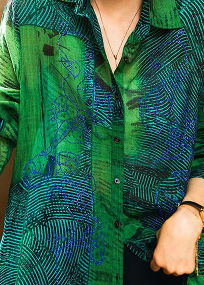 Green Peter Pan Collar Print Patchwork Cotton Shirts Long Sleeve