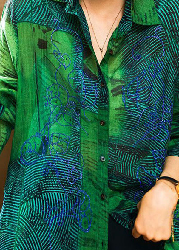 Green Peter Pan Collar Print Patchwork Cotton Shirts Long Sleeve