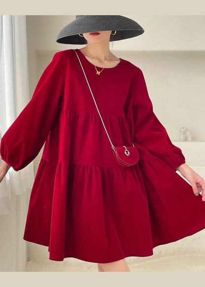 Red Patchwork Velour Mini Dress Puff Sleeve