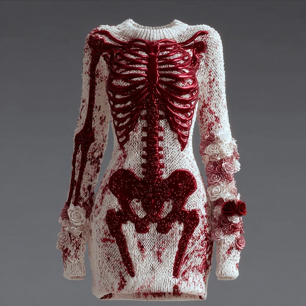 Comstylish Classy Bloody Skeleton Anatomy Roses Cozy Sweater Dress