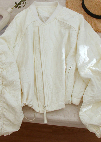 Beige Zip Up Drawstring Loose Cotton Jackets Lantern Sleeve