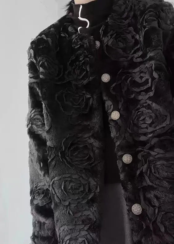 Black O-neck Button Fuzzy Fur Fluffy Coats Spring