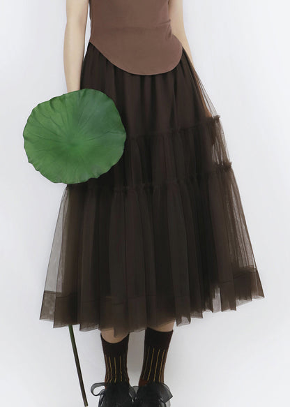 Chocolate Patchwork Tulle Pleated Skirt Elastic Waist