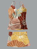 V-Neck Vintage Color Floral Print Suspender Skirt Tankini Pantskirt Set Swimsuit