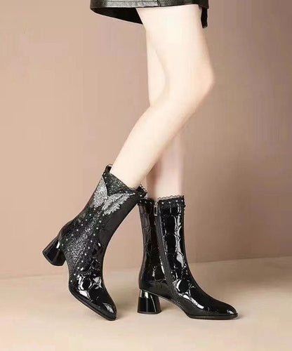 Lace Zircon Splicing Warm Fleece Boots Black Faux Leather