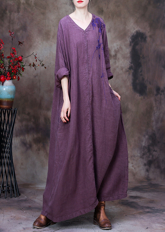 Llight Purple V Neck Asymmetrical Patchwork Linen Ankle Dress Long