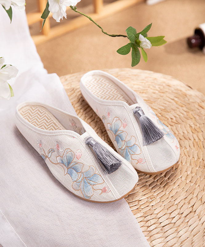 White Flat Slide Sandals Linen Fabric Embroidery Tassel