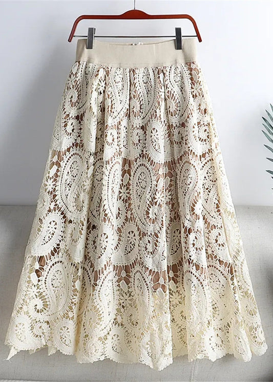 Beige Hollow Out Lace Skirts Summer