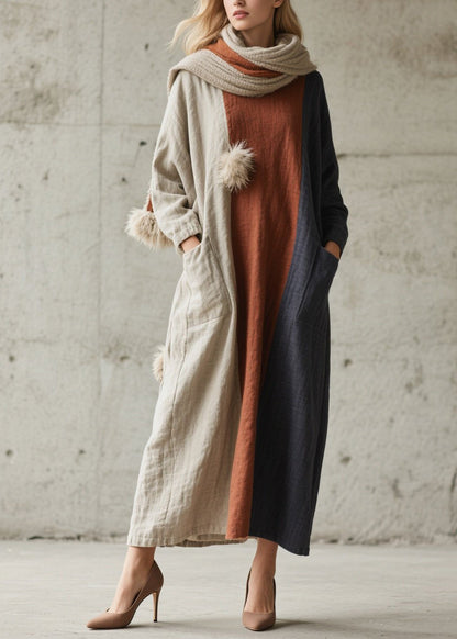 Colorblock Pockets Patchwork Cotton Dress Fall