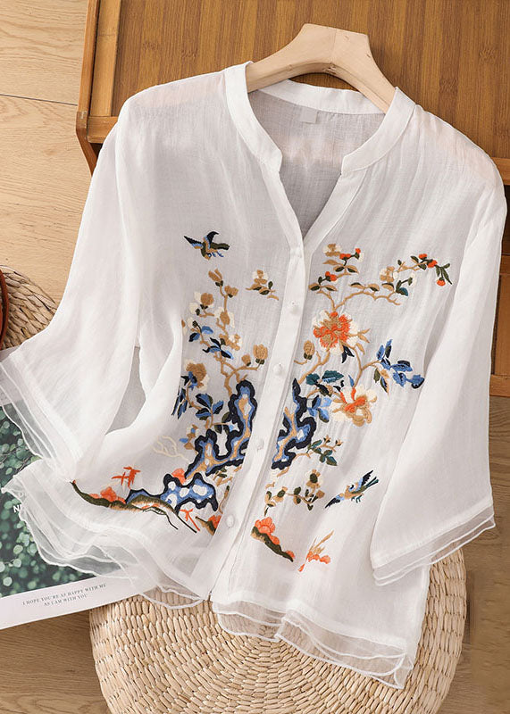 Green Embroidered Button Patchwork Linen Top Bracelet Sleeve