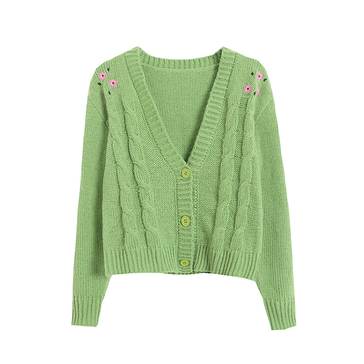 Flower Embroidery V-neck Short Sweater Cardigan 7396