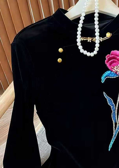 Black Embroidered Silk Velour Blouses Flare Sleeve