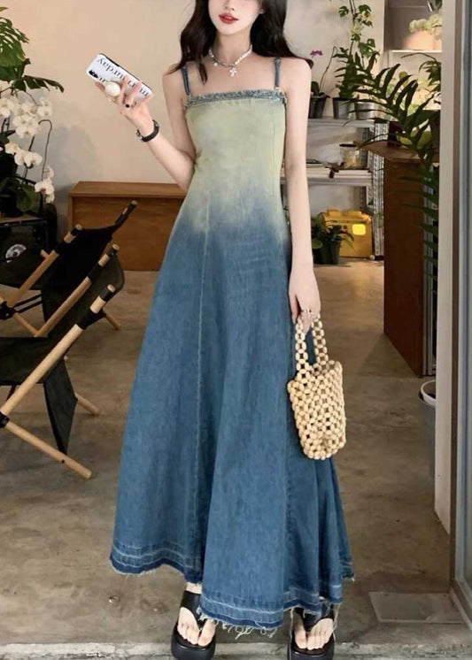 Gradient Color Original Design High Waist Denim Spaghetti Strap Dress Sleeveless