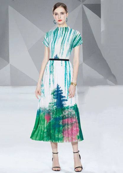 Italian Green Print Wrinkled Cotton Tops and Pleated Skirt Two Pieces Set Summer