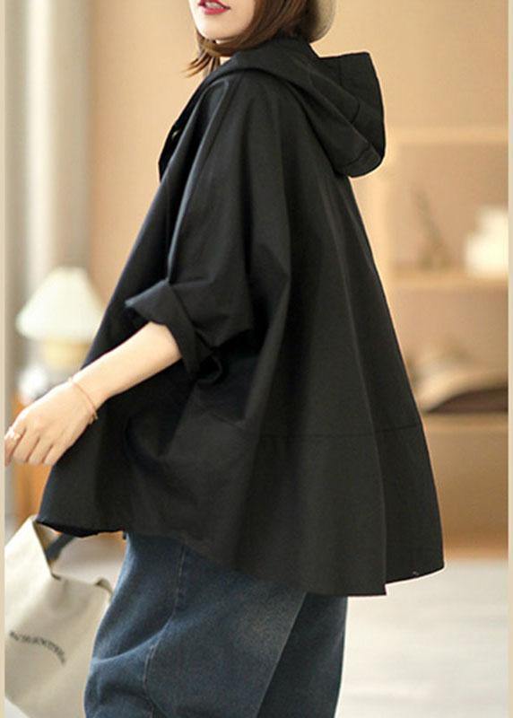 Art Black Loose Pockets Button Fall Hooded Coat Long Sleeve