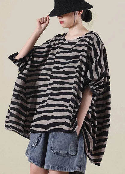 Black Loose O-neck Ruffled Fall Striped Shirt Top Half Sleeve