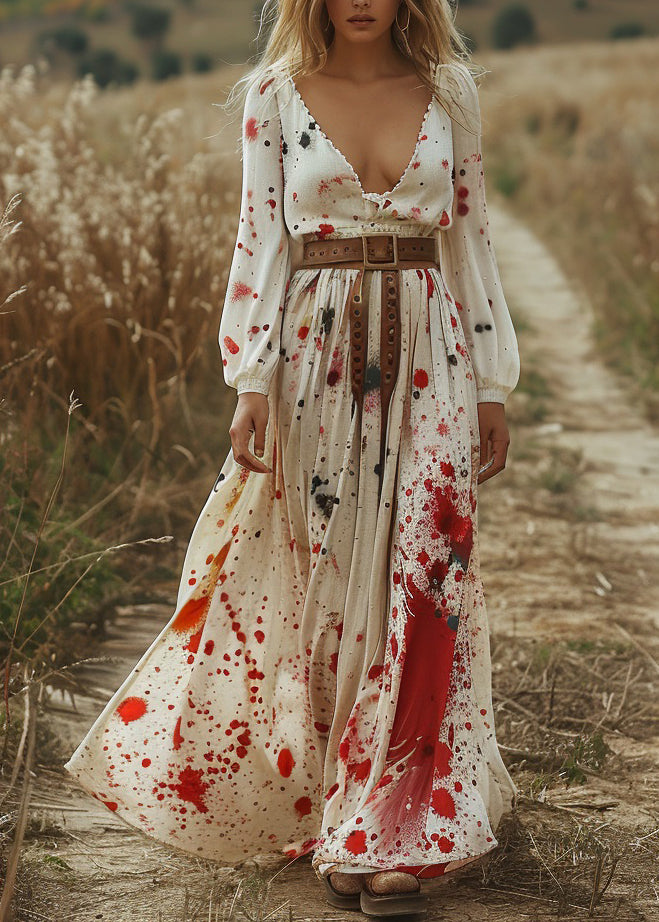 Beige V Neck Print Cotton Long Dress Spring