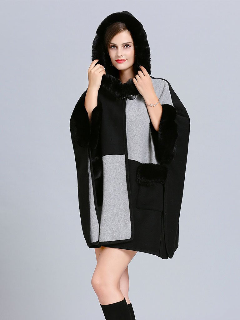 Poncho Cape Faux Fur Hooded Plaid Cape Coat