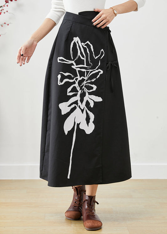 Black Asymmetrical Lace Up Print Cotton Skirts Fall