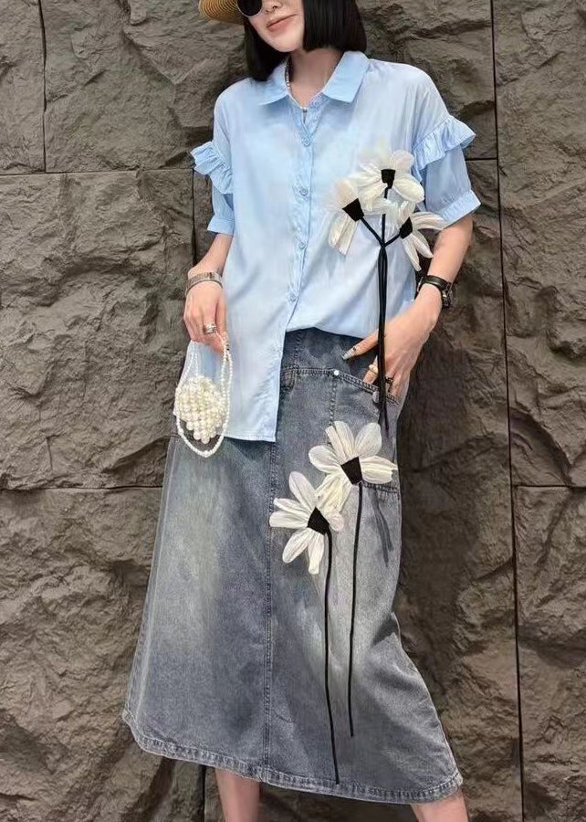 Modern White Peter Pan Collar Shirts and Denim Skirts Two Pieces Set Short Sleeve