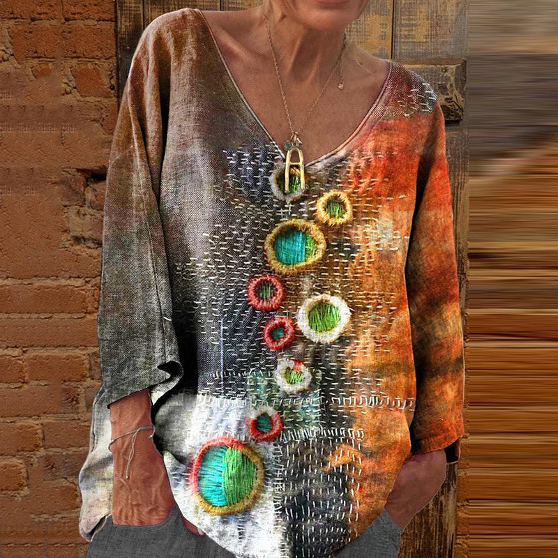 Retro Geometric Embroidery Contrast Color V-neck Linen Blend T-shirt elevenforest