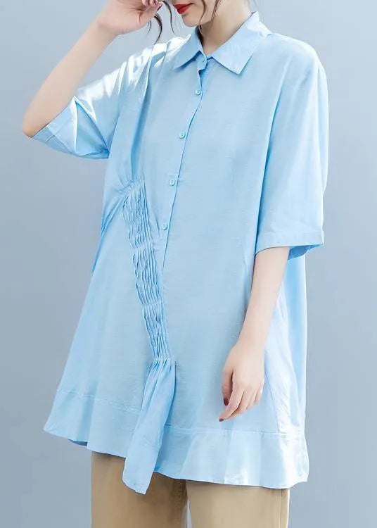 Handmade Light Blue Blouse Lapel Half Sleeve Midi Blouses