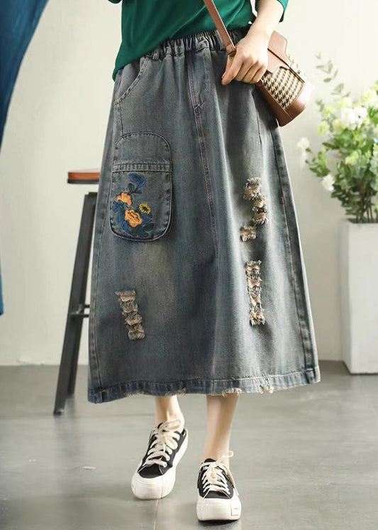 Light Blue Embroideried Patchwork Cotton Long Skirt Summer