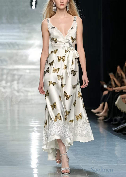 Butterfly Print Draping Silk Bow Dresses Summer