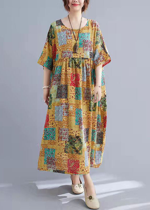 O Neck Short Sleeve Cotton Long Dresses Patchwork Color Clothing Summer Dress