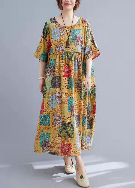 O Neck Short Sleeve Cotton Long Dresses Patchwork Color Clothing Summer Dress