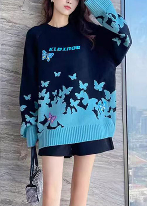 Sky Blue Embroidered Patchwork Cotton Knit Sweaters Long Sleeve