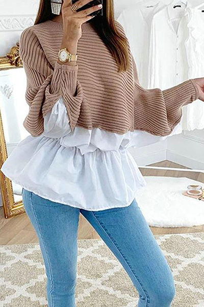 Patchwork Fold Contrast O Neck Tops