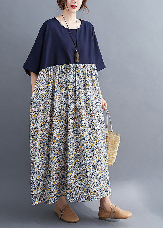 Navy O-neck Print Patchwork Maxi Dresses Half Sleeve