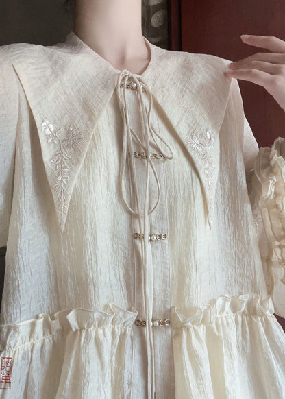 Art Beige Peter Pan Collar Ruffled Shirts and Skirts Cotton Two Pieces Set Spring