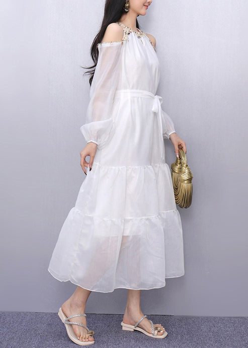 White Sequins Cold Shoulder Holiday Dress Summer