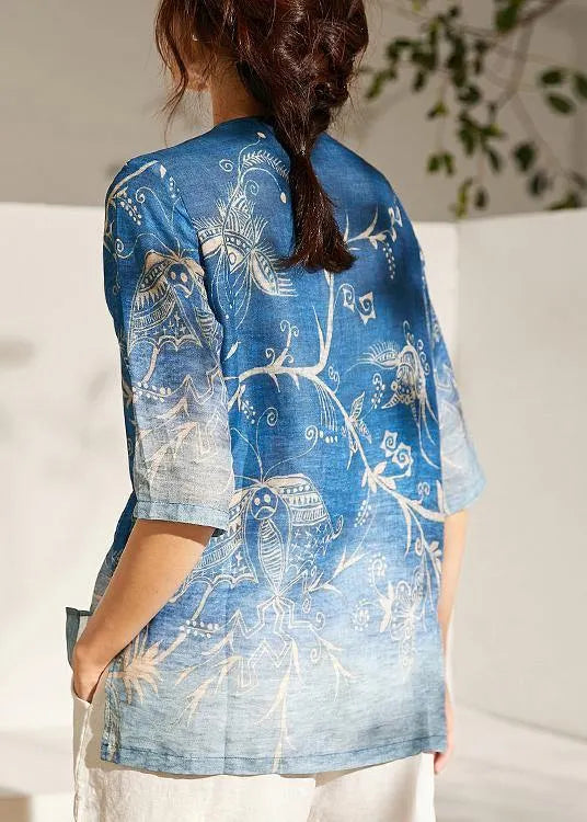 Italian Blue Print Oriental Summer Ramie Shirt Half Sleeve