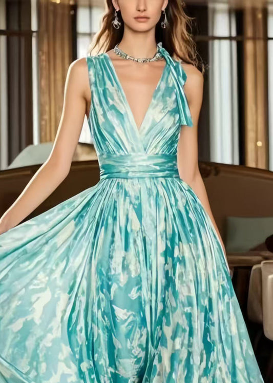 Blue Exra Large Hem Print Chiffon Holiday Dress Summer