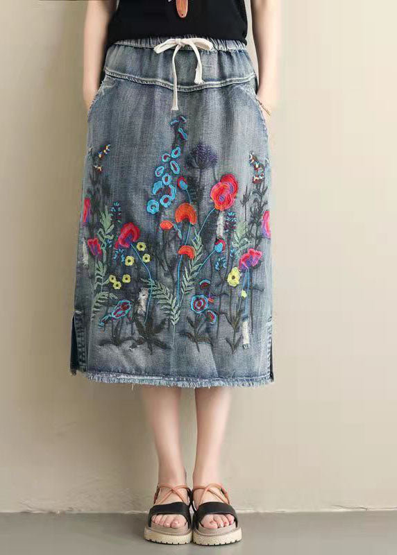 Light Blue Embroideried Pockets A-line Summer Denim Skirts