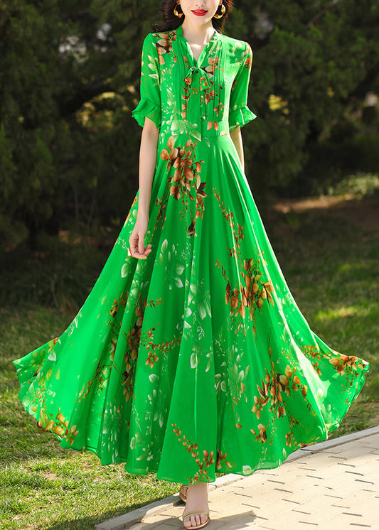 Green Ruffled Print Chiffon Maxi Dresses Summer